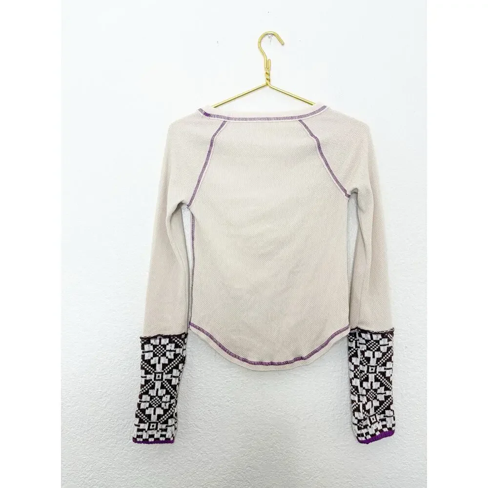 Free People She's Reversible Cuff Thermal Tee Oatmeal Size Small Bohemian